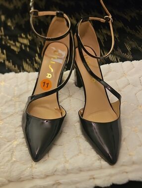 Unisa Black Patent Pointed-Toe Ankle-Strap Heels